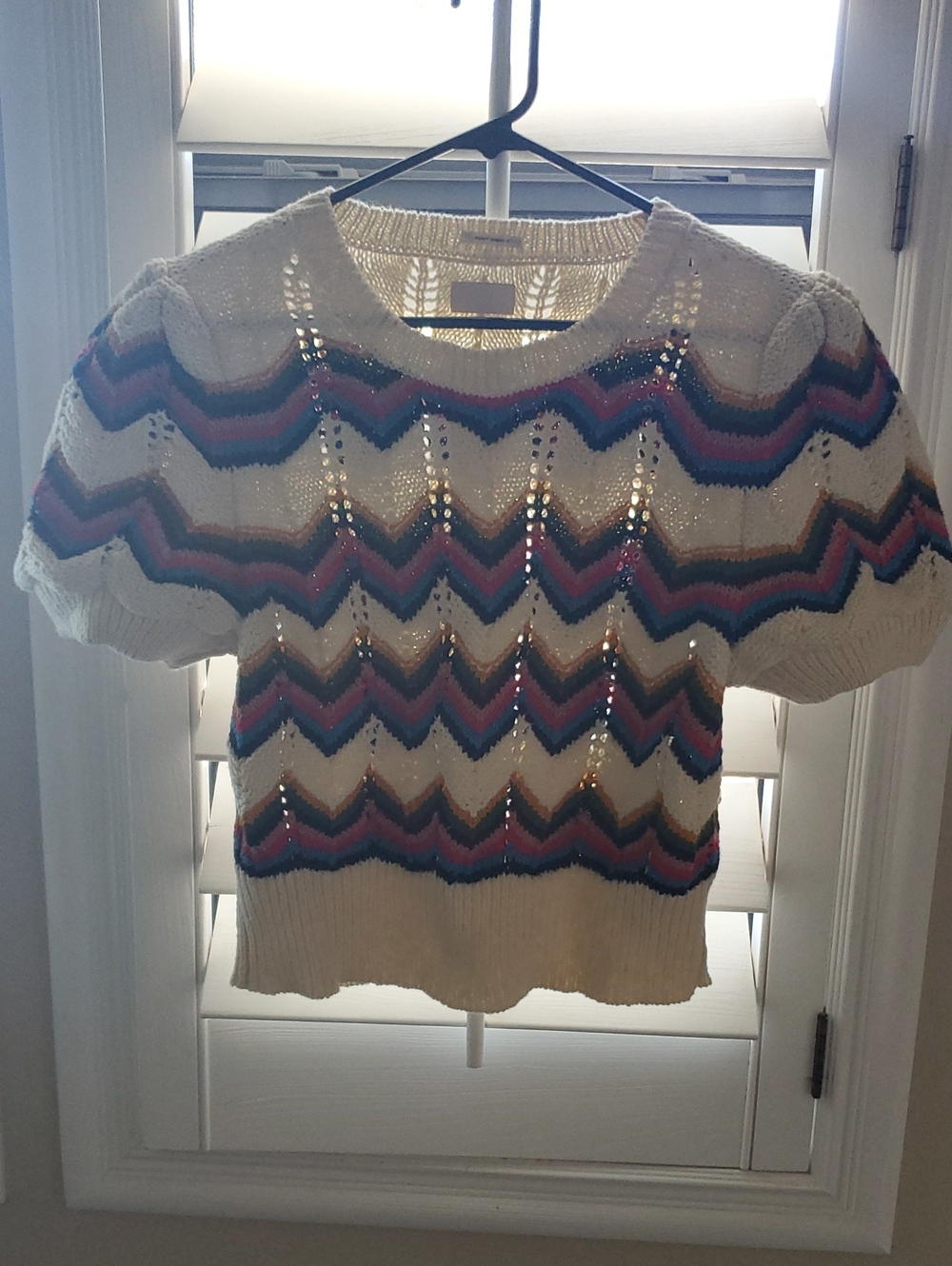 Mother Pointelle Chevron Stripe Short Sleeve Sweater - White, Blue, Pink & Tan